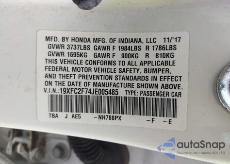2018 Honda Civic Ex z USA, uszkodzony, nr VIN 19XFC2F74JE005485